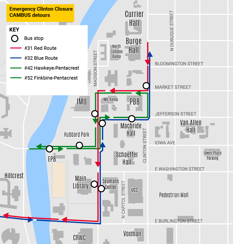 Map of detouring Cambus routes for road closure