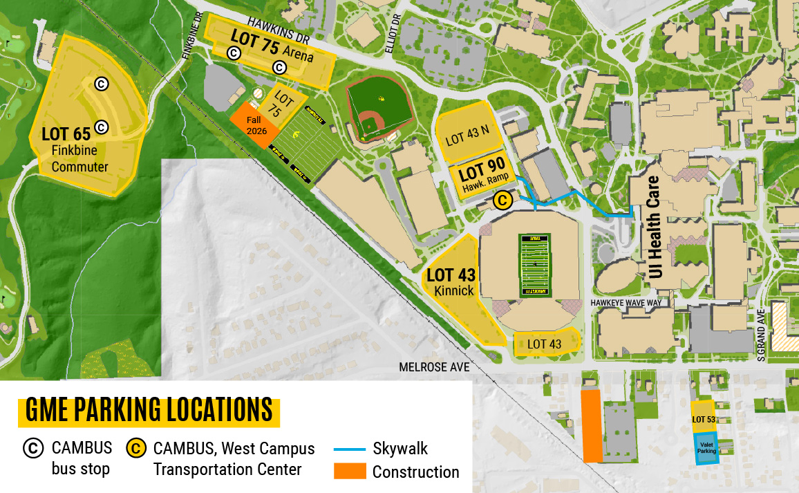 A map showing parking lots available to GME program members