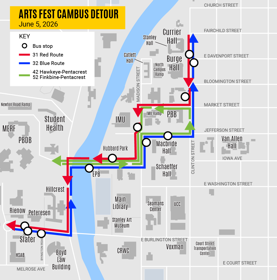 Map of Cambus routes during 2026 Arts Festival