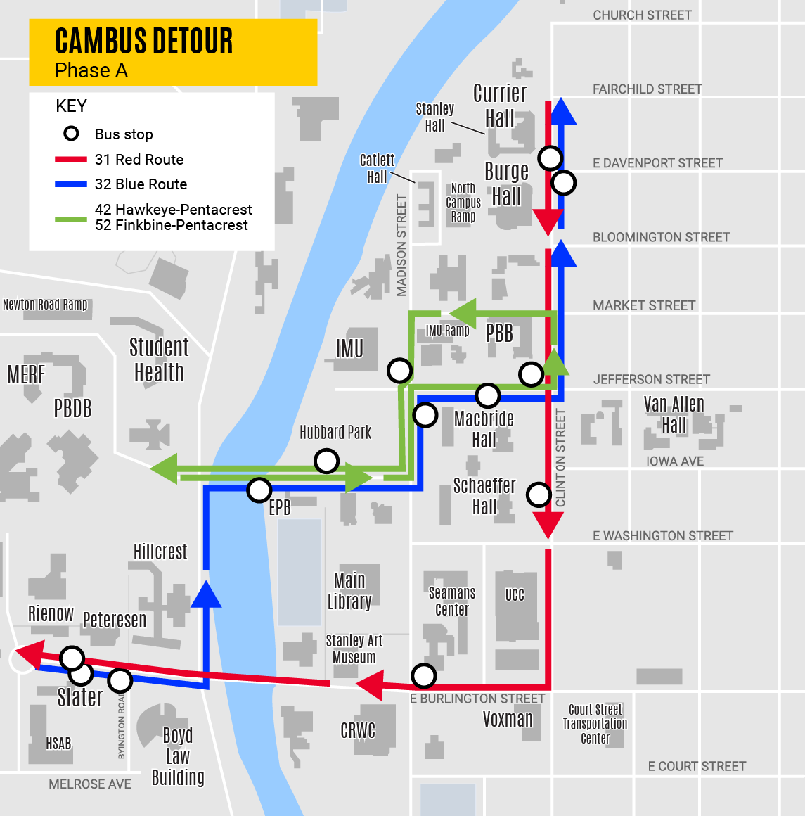 Map of detouring Cambus routes for road closure