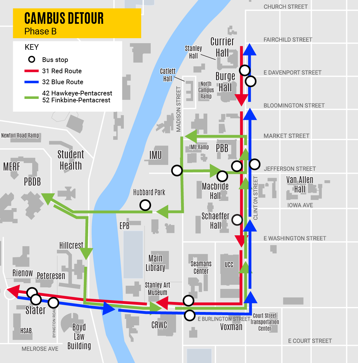 Map of detouring Cambus routes for road closure