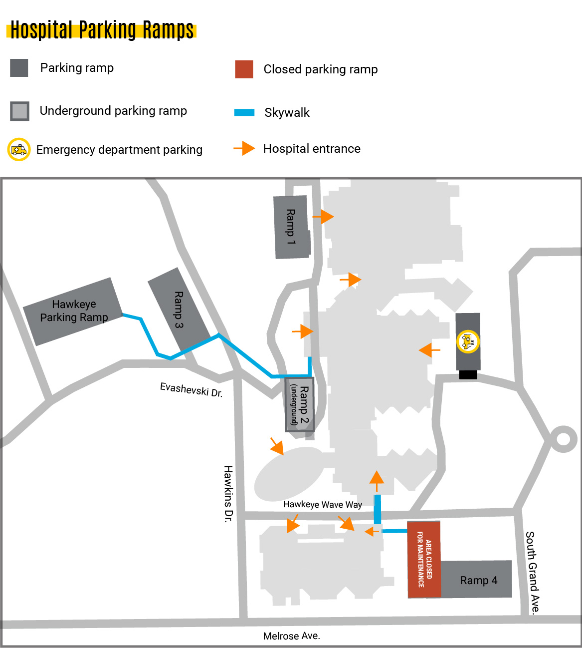 A map showing the west section of Parking Ramp 4 as closed