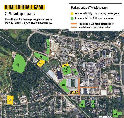 A map showing impacts to employee parking lots during home football games. 