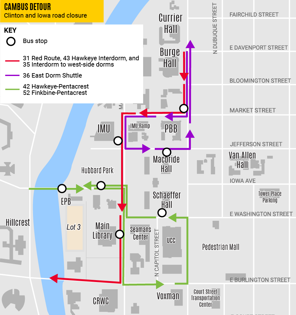 Map of detouring Cambus routes for road closure