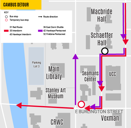 Map of detouring Cambus routes for road closure