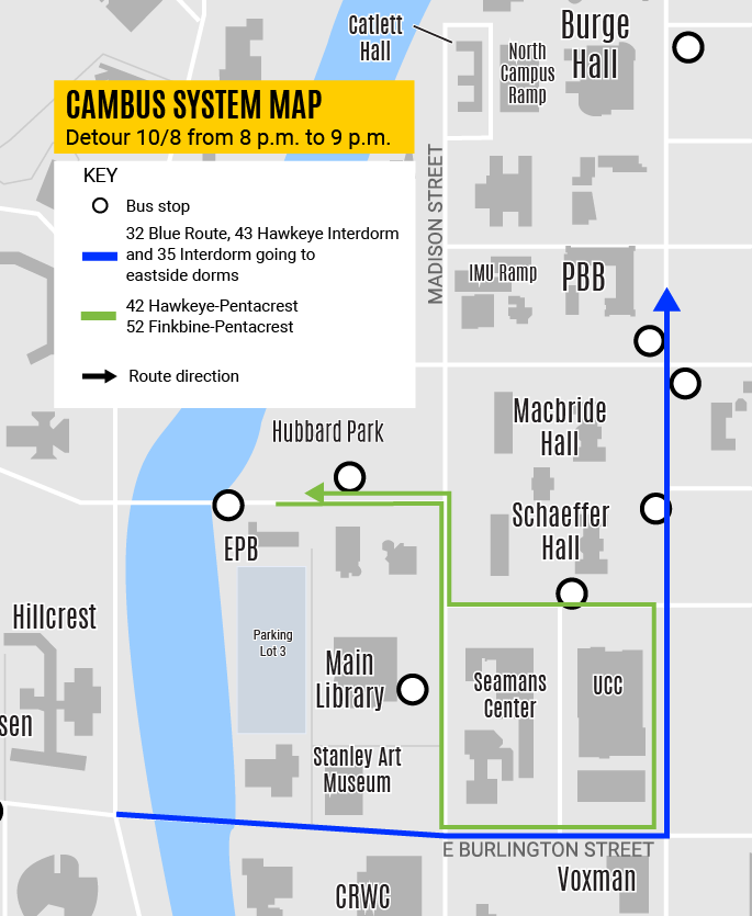 Map of detouring Cambus routes for road closure