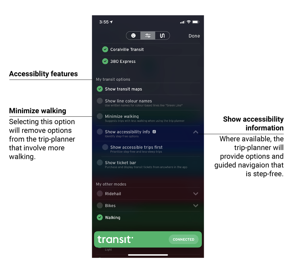screenshot of transit app accessibility options