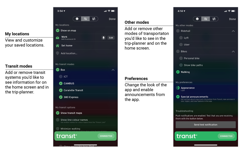 screenshots of transit app options screen