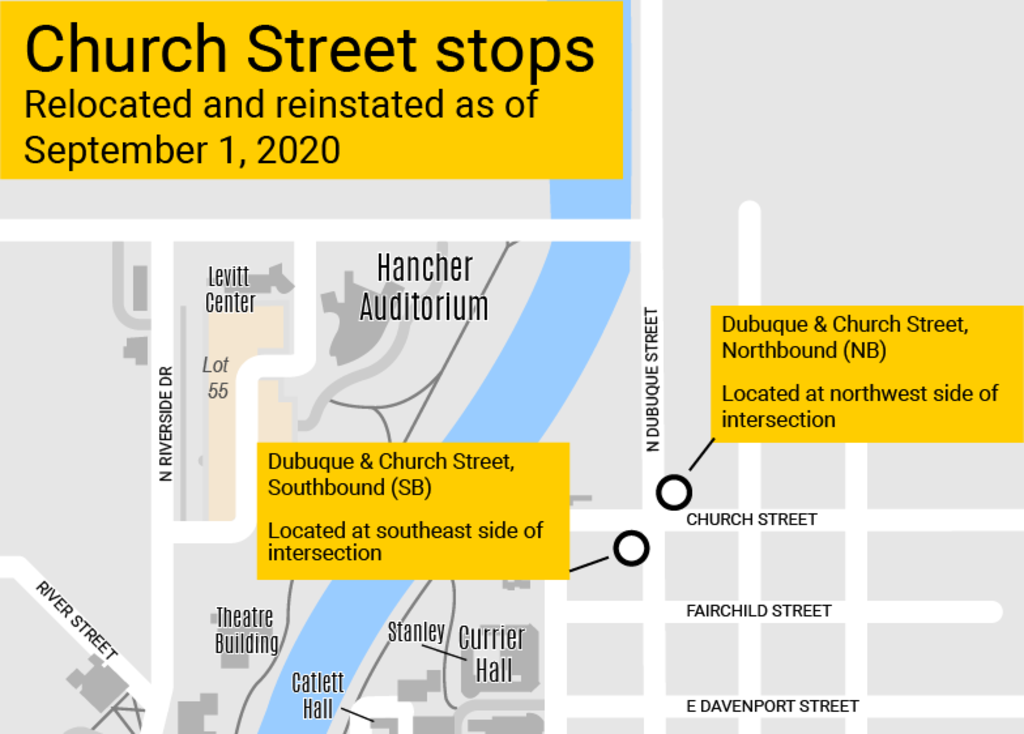 Map showing Church Street Stops as of September 1, Northbound board at northeast corner of intersection, Southbound board at Southwest corner of intersection