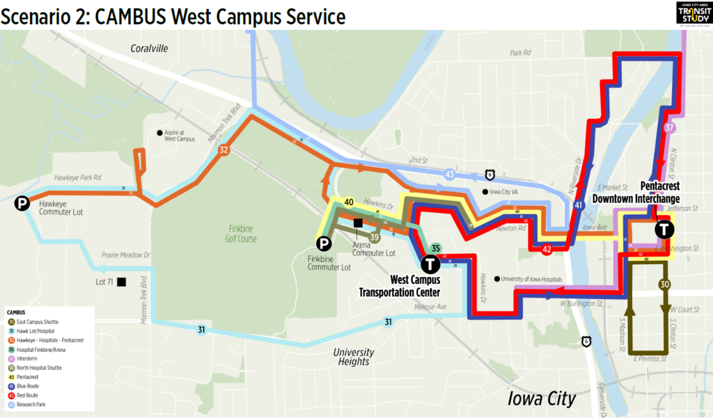 Scenario 2 map CAMBUS: Simplifying service by consolidating routes that serve similar service areas 