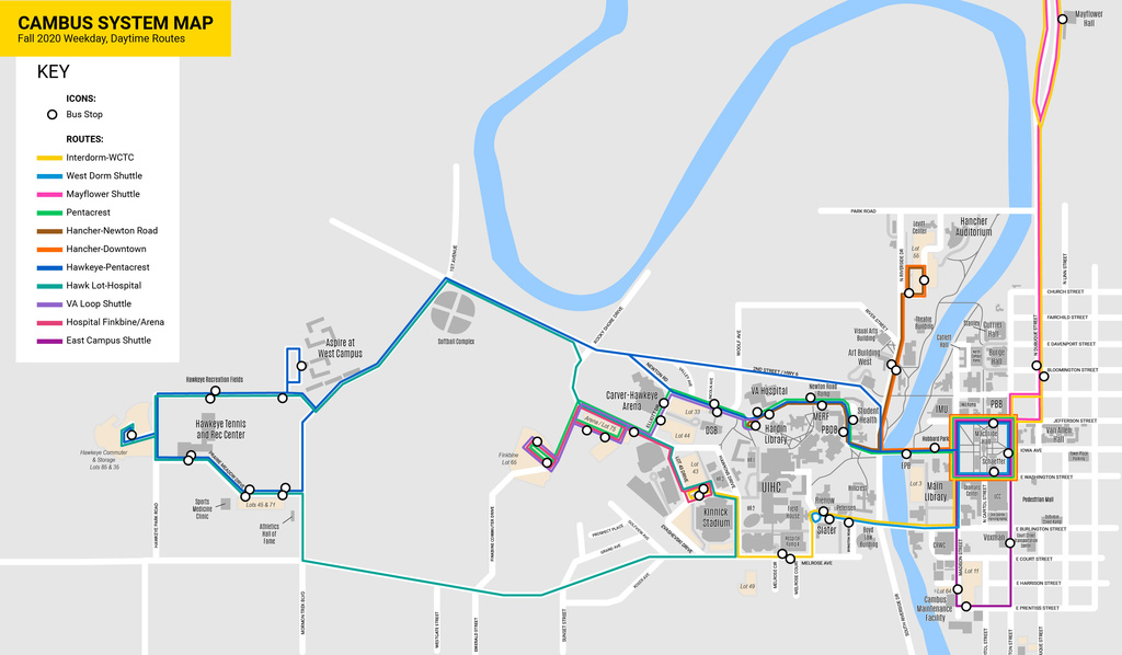 CAMBUS systems map fall 2020. Routes displayed in multiple bright colors on grey tone street map.