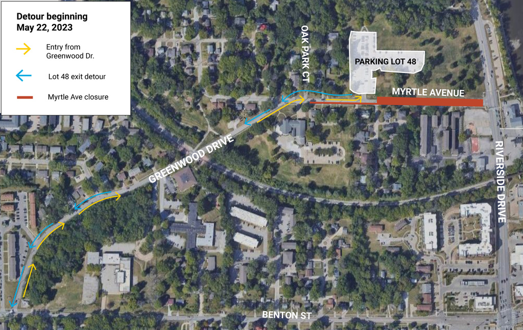 A map displaying a May 2023 detour bypassing Myrtle Ave.