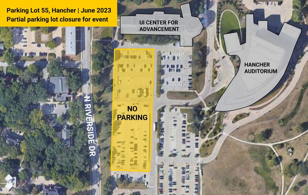 A map of impacts to the Hancher lot for the 2023 IPTA state bus roadeo