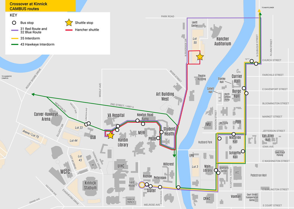 A map showing detours for CAMBUS during Crossover at Kinnick