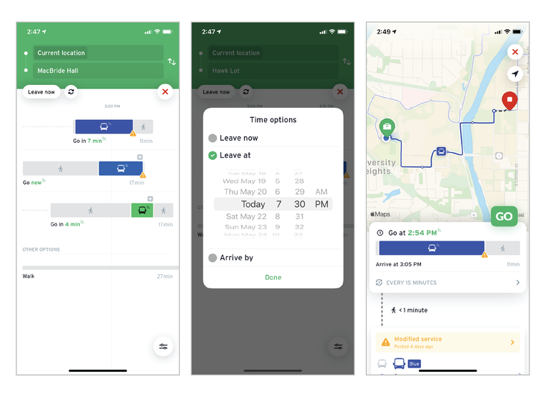 screenshots of transit app during the trip planning process