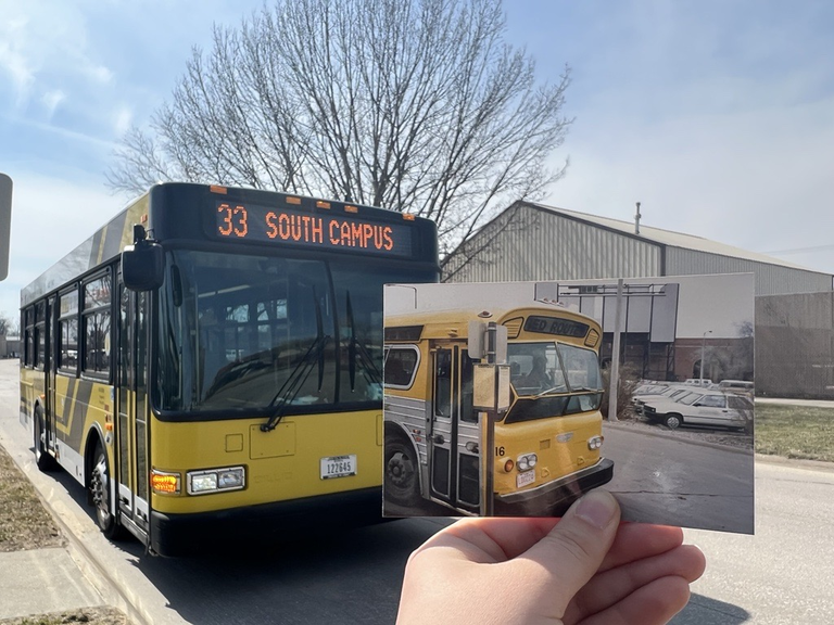 hand holding photo of vintage bus number 16 and new bus 16