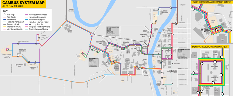 map of campus and CAMBUS routes shown in multiple colors