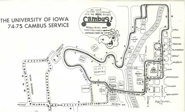 hand drawn black and white map of university campus and CAMBUS routes using solid, dashed, and dotted lines