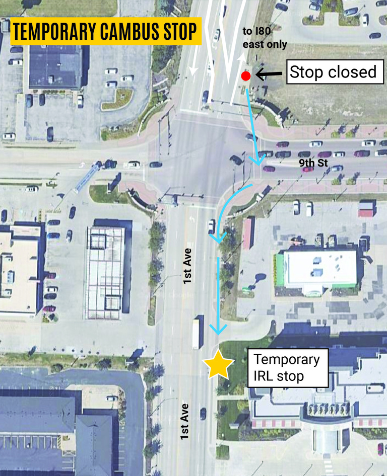 A map showing a temporary CAMBUS stop south of 9th St. 