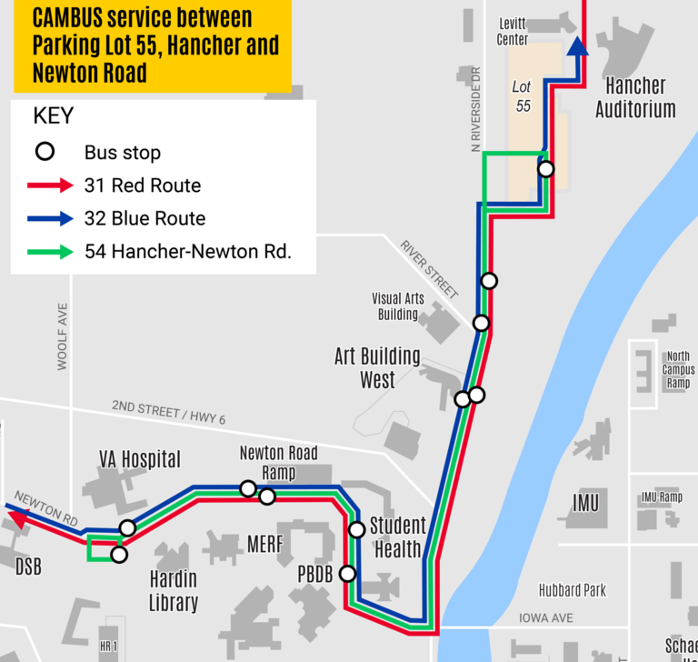 a map showing CAMBUS service options from Parking Lot 55