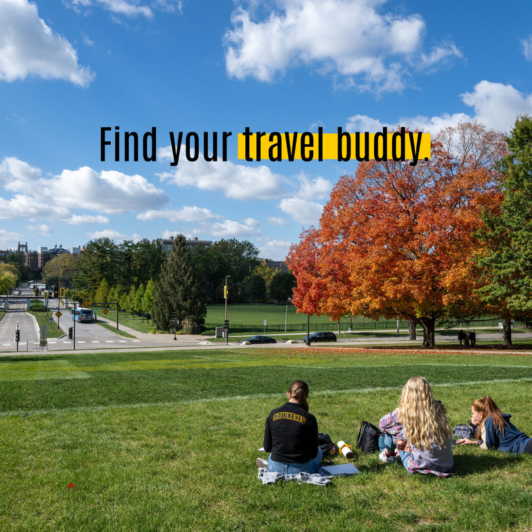 Find your travel buddy caption while students sit on pentacrest lawn