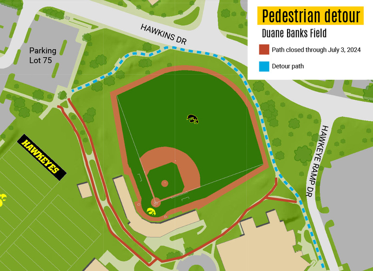 A map showing pedestrian detours around Duane Banks Field