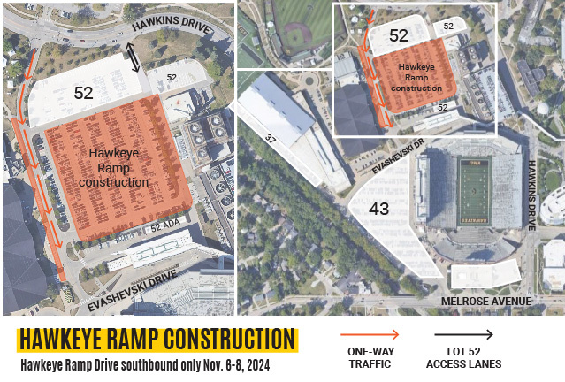 a map showing the Hawkeye Ramp Dr. detour for lots 43 and 52