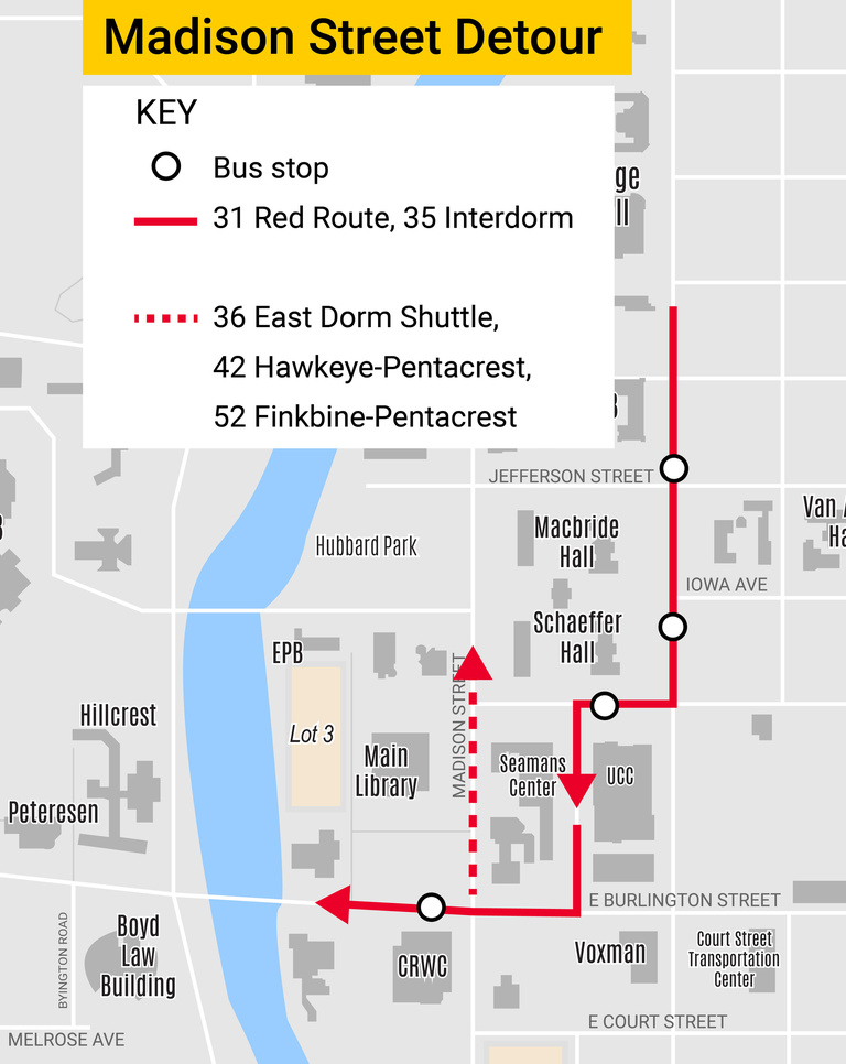 Map of detoured CAMBUS routes due to Washington Street closure