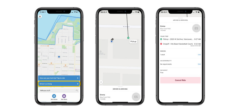 Screenshots of the CAMBUS Now app display as a driver is approaching for pickup. 
