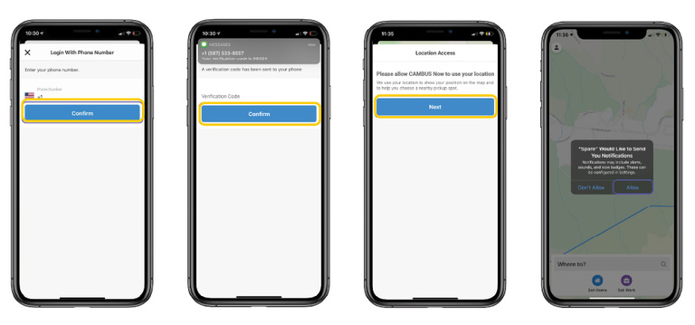 A graphic showing account setup screens for the CAMBUS Now app