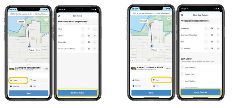 A graphic showing options in CAMBUS Now for adding riders to a trip and using accessibility filters