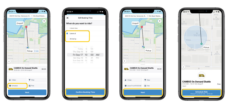 a graphic showing how to confirm scheduling a ride in the CAMBUS Now app