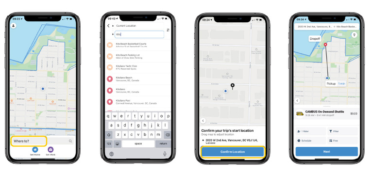 A graphic showing how to select pickup and dropoff points when scheduling a ride