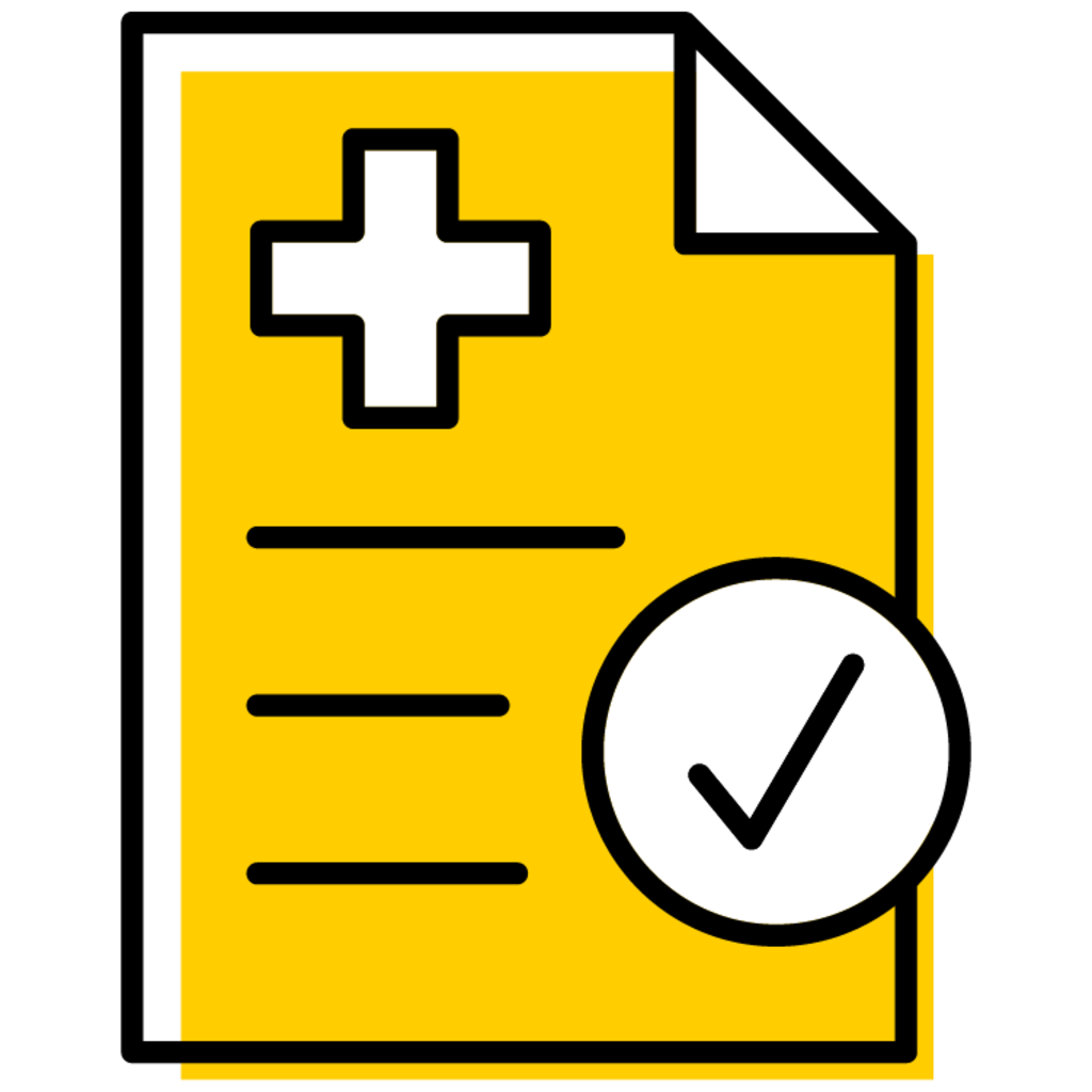 graphic drawing of gold paper document with cross symbolizing hospital and a check box