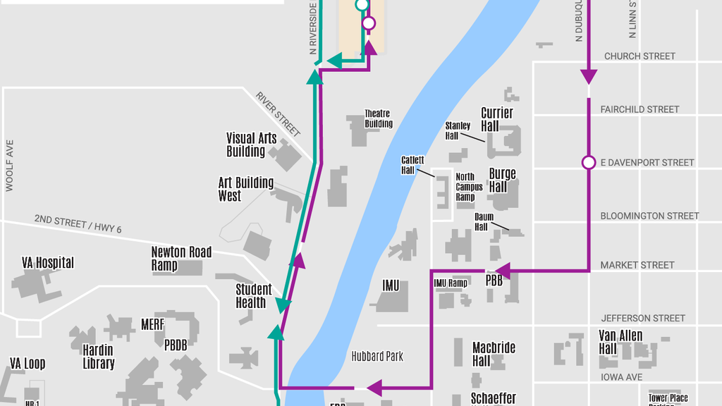 a map showing bus shuttle service between Hancher and the residence halls for fall 2021 move-in