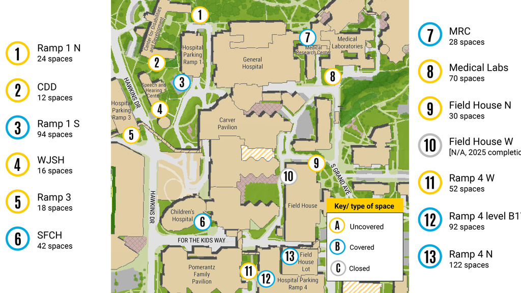A map showing the locations of bike racks on the UI Hospitals and Clinics campus