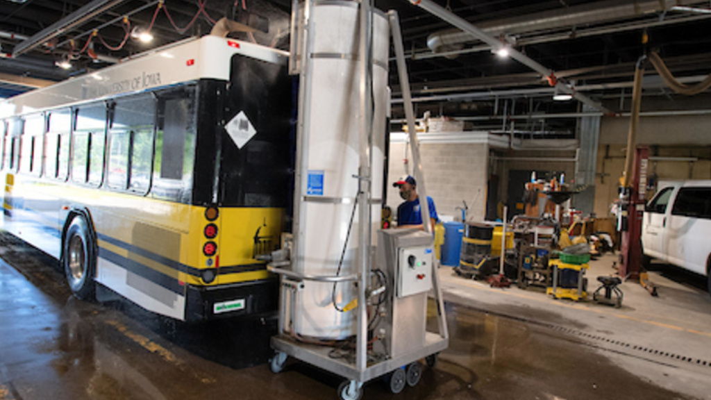 A photo of a bus in the cambus maintenance facility