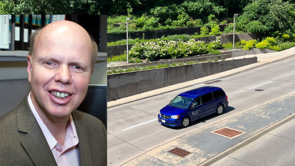 A split image; two thirds of the image shows a cobalt Van Pool van driving down a sunny street lined with trees. The other third shows a professional image of Mike Hoenig. He is smiling and wearing a brown suit jacket with a pastel collared shirt. 