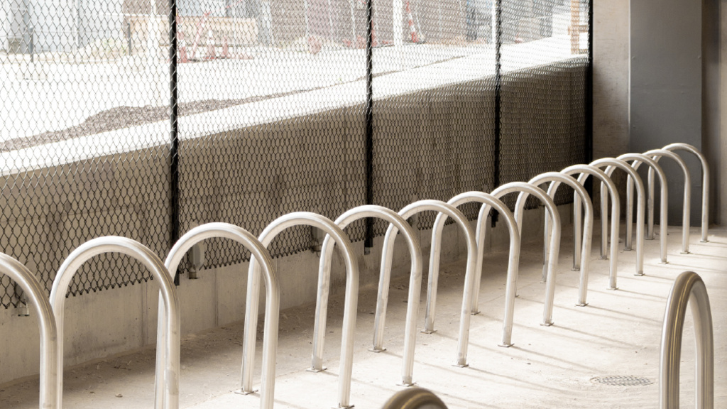 Inside the bike cage at Hawkeye Parking Ramp