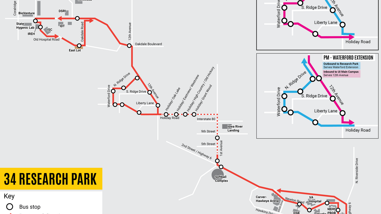 A map showing the full route for 34 Research Park
