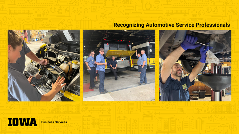 gold background graphic with three square images showing technicians and maintenance assistants performing repairs or training