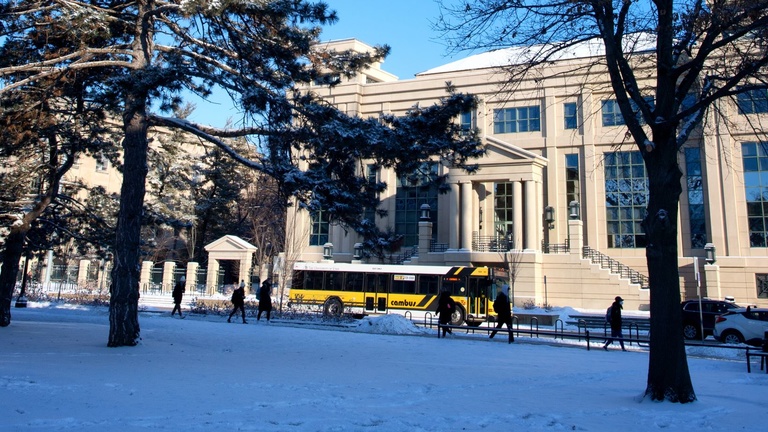 bus travels on sunny day in winter with snow and trees in foreground
